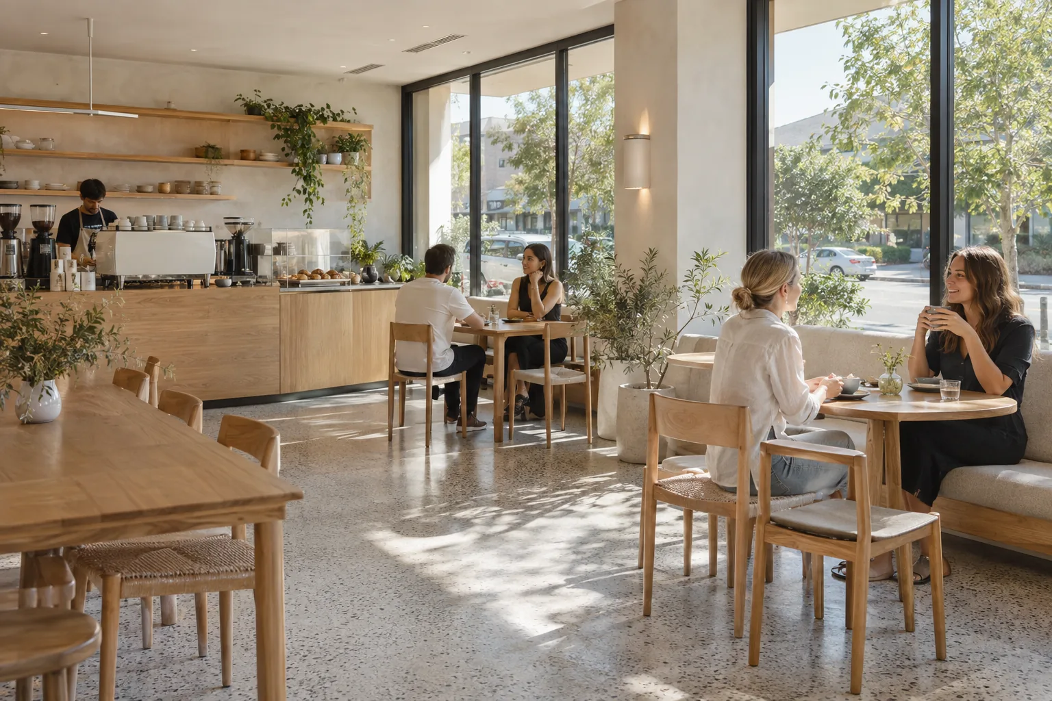 Illustrative daylight café with an oak coffee counter, upholstered seating and people talking