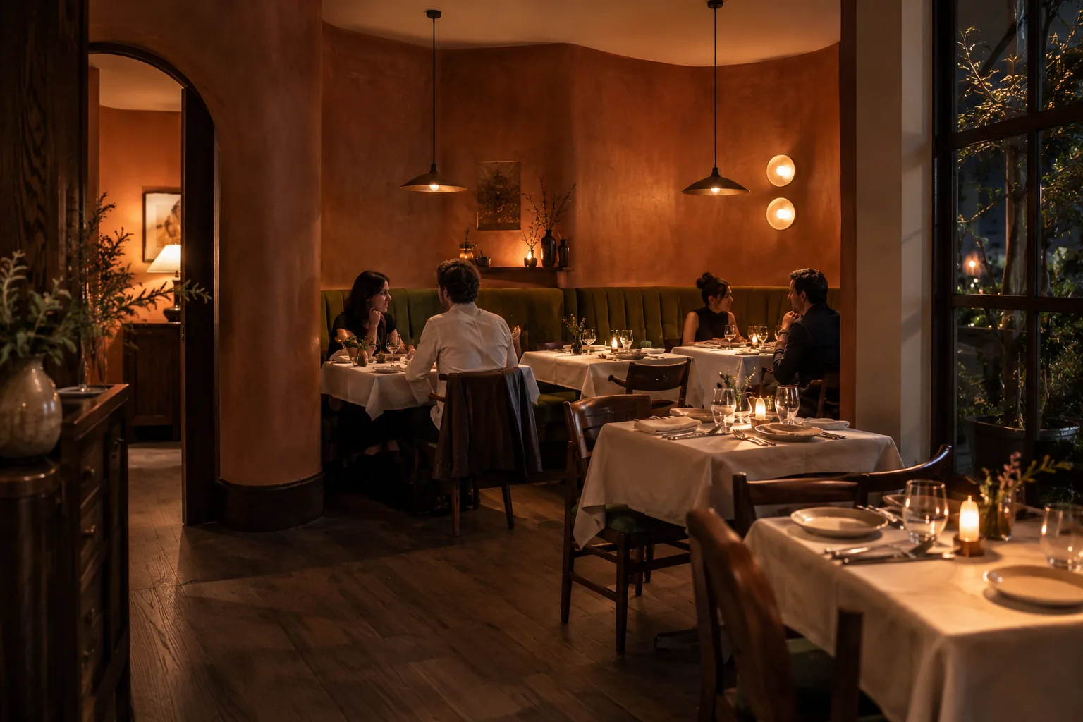 Illustrative evening restaurant with warm lamps, linen tables and people in conversation